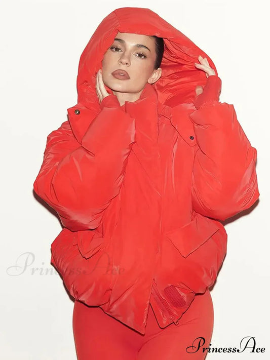 Red Stand Collar Zipper Cotton Coat Red / S