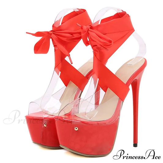 Red Thigh-High Lace-Up Platform Transparent Stiletto Peep-Toe Sexy Stripper High Heel Red / 35