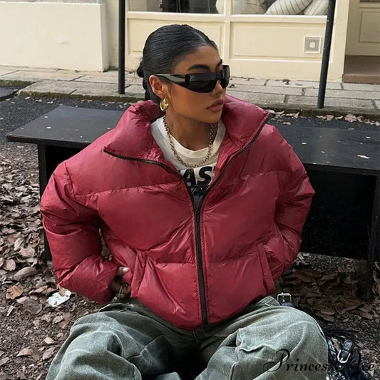 Red Turn-Down Collar Zipper Coat Red / S