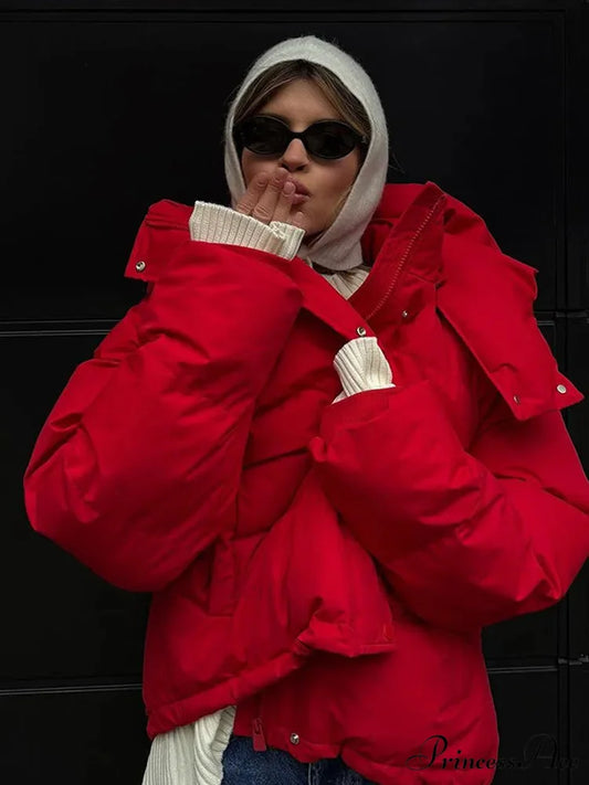 Red Warm Hooded Down Coat Red / S
