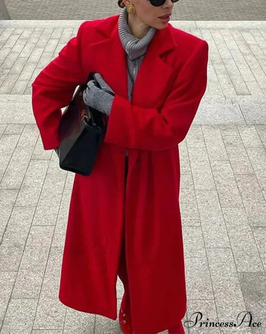 Red Woolen Blend Lapel Coat