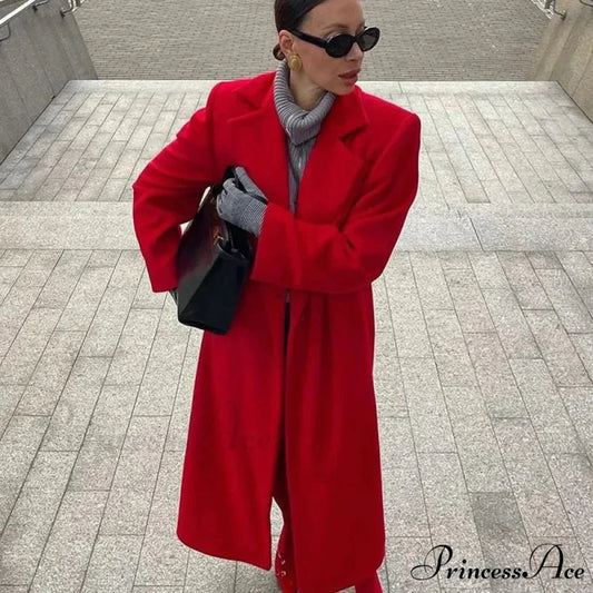 Red Woolen Blend Lapel Coat Red / S