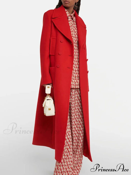 Red Woolen Double Breasted Coat Red / S