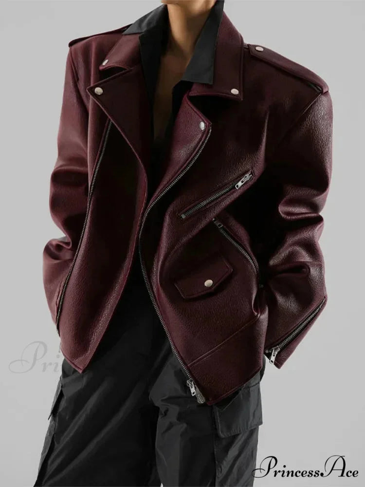Red Zipper High Neck Leather Coat coats-241228