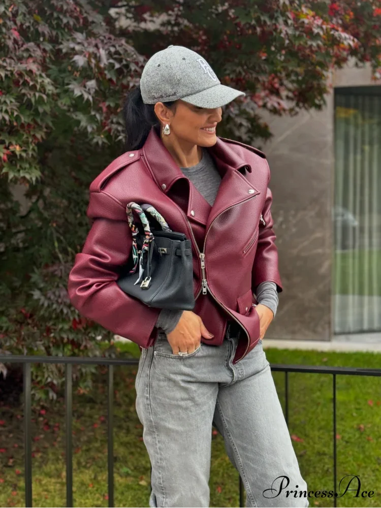 Red Zipper High Neck Leather Coat coats-241228