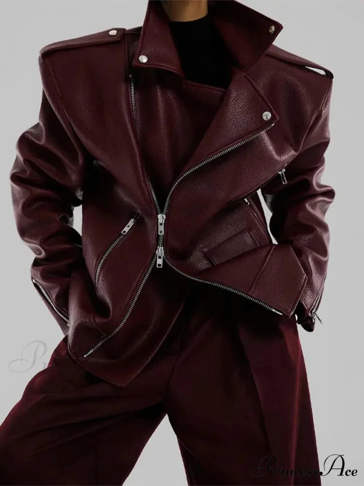 Red Zipper High Neck Leather Coat coats-241228