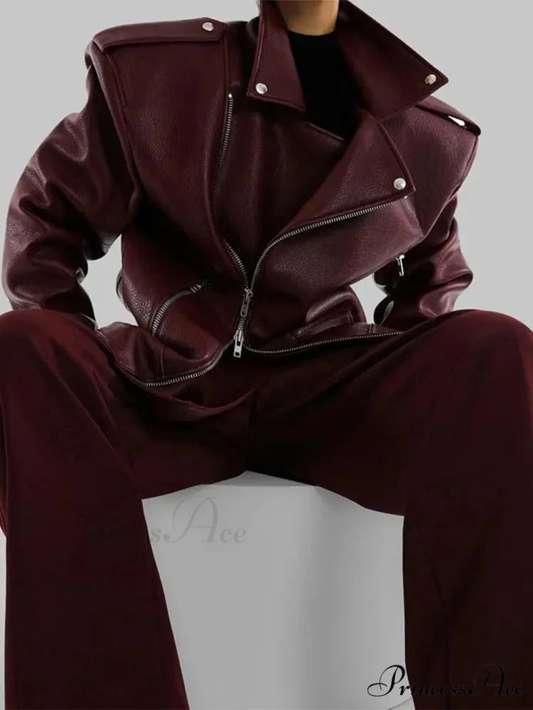 Red Zipper High Neck Leather Coat coats-241228