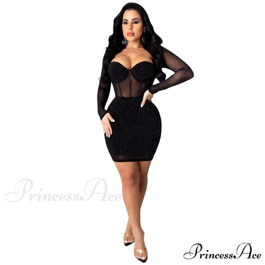 Reese Formal Heat Charming Stone Illusion Mini Dress BLACK / S