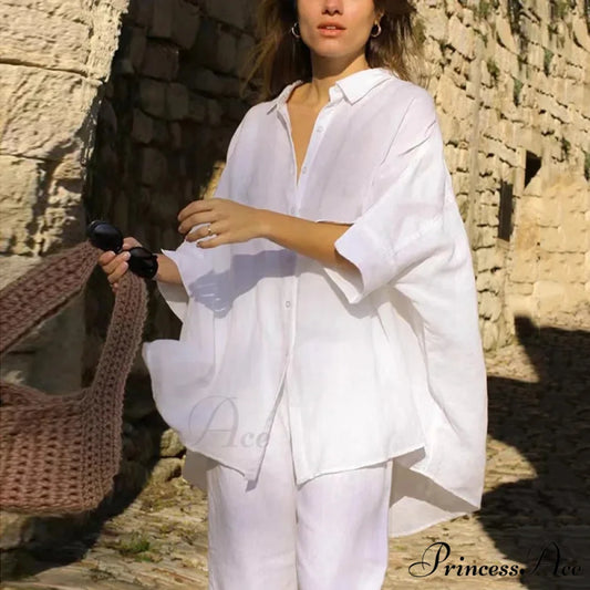 Relaxed Baggy Ivory Button-up Half Sleeve Blouse blouse-250126