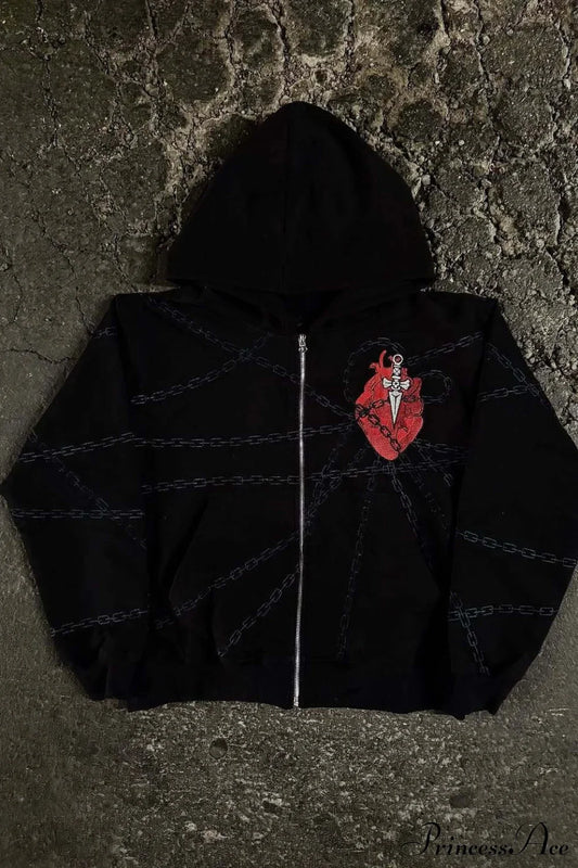 Relaxed Fit Chain Heart 3D Embroidery Print Hoodie