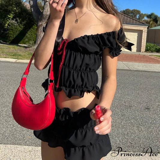 Retro 2 Piece Set Adorable Bow V Neck Gathered Crop Tops + Mini Pencil Fairycore Cottage T-shirt Y2K Kawaii Sweet