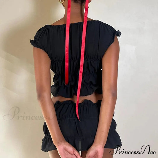 Retro 2 Piece Set Adorable Bow V Neck Gathered Crop Tops + Mini Pencil Fairycore Cottage T-shirt Y2K Kawaii Sweet