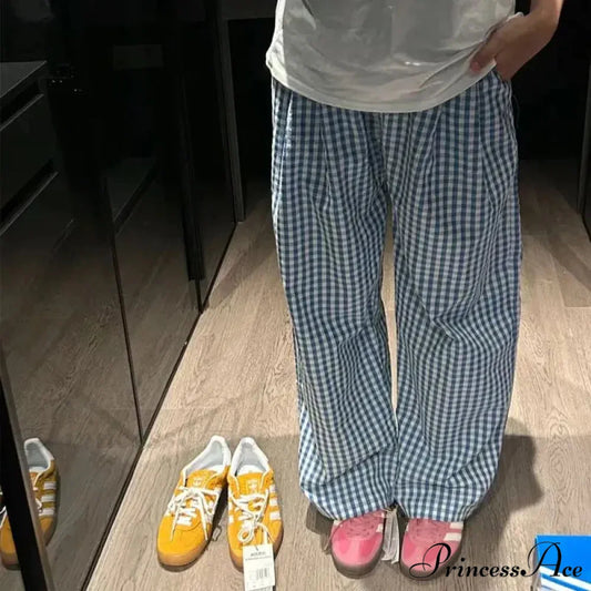 Retro 2000s Tartan Women Informal Loose-Fitting Trousers blue / S pants-241228