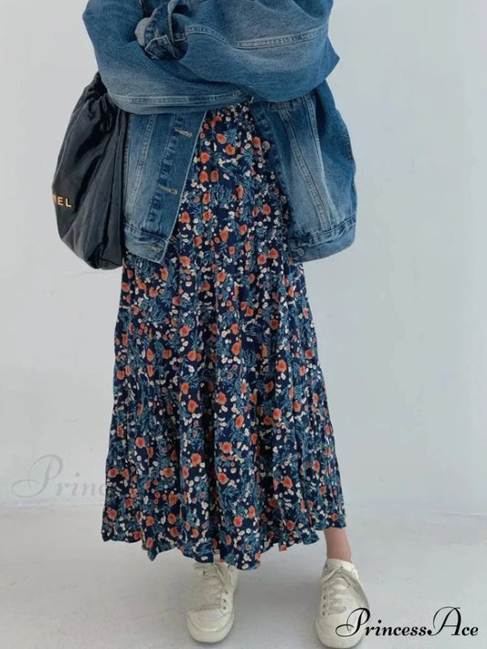 Retro Blossom Pattern High Waist Pleated Skirt Blue / S skirt-250126