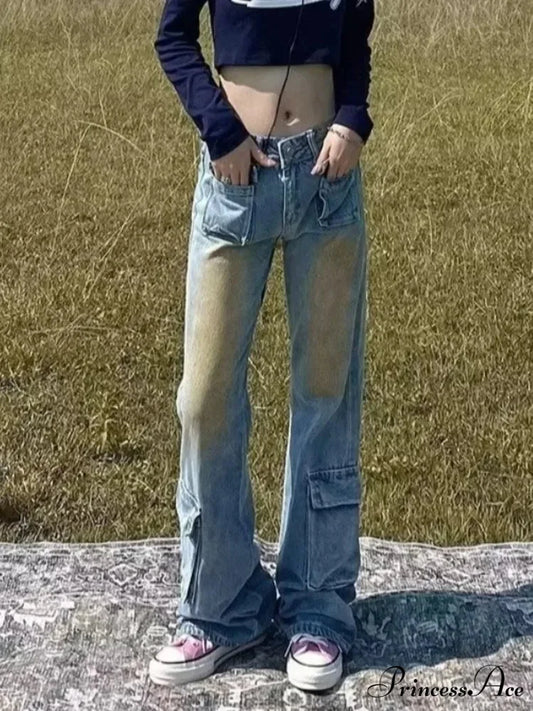 Retro Blue Slim Fit Micro Flare Spring And Autumn Loose Spliced Lines Drop Feel Trendy Jean Blue / S