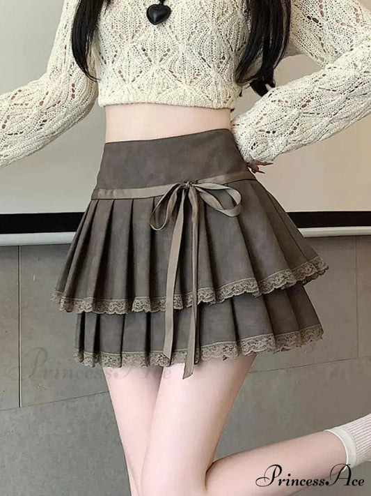 Retro Bow Folded Faux Leather Skirt khaki / S skirts-250223