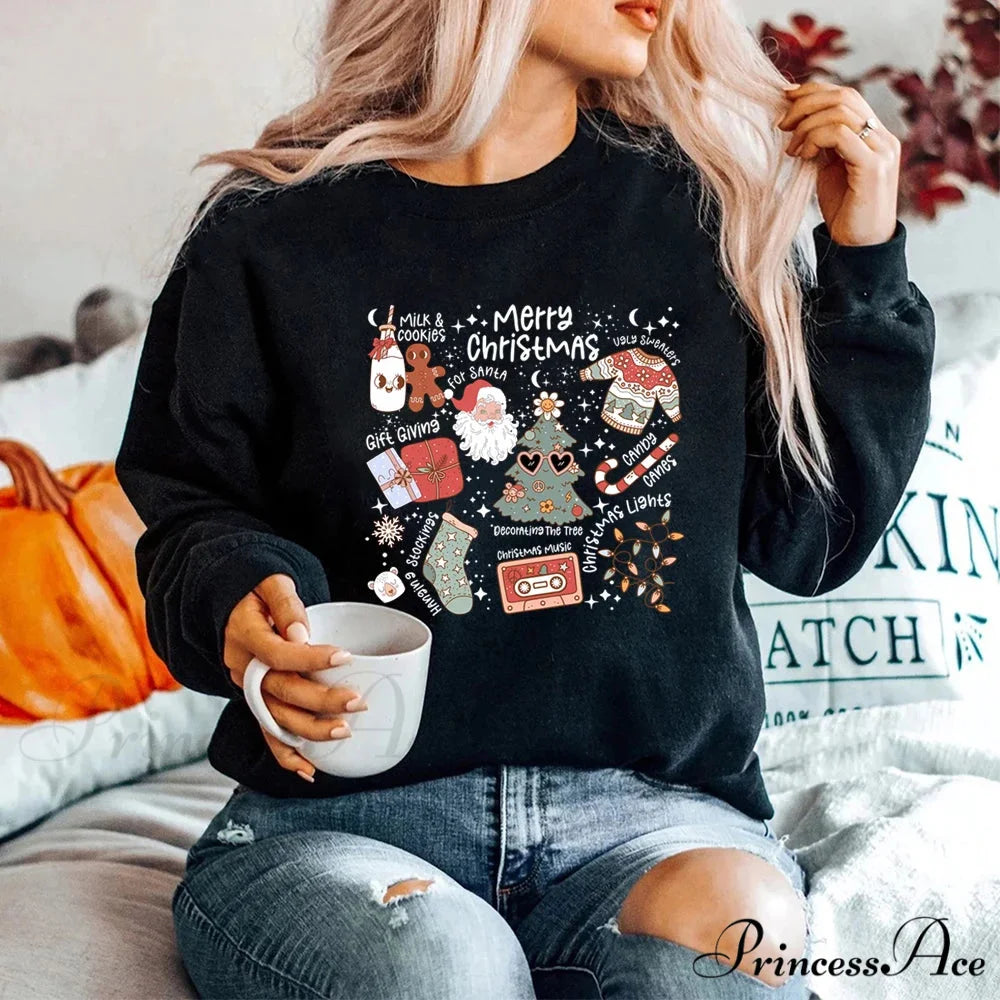 Retro Cheerful Aesthetic Santa Warm Hoodie Black / S