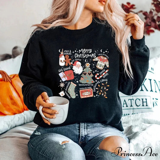 Retro Cheerful Aesthetic Santa Warm Hoodie Black / S