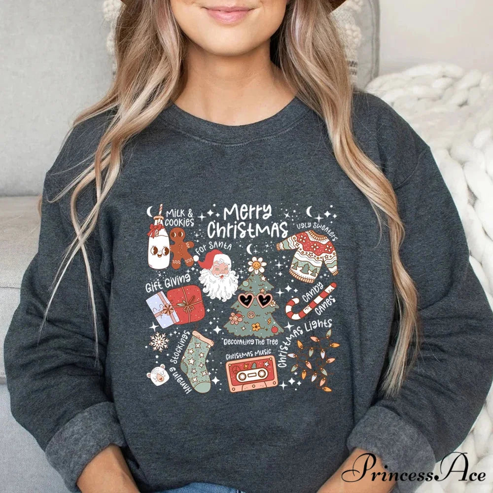 Retro Cheerful Aesthetic Santa Warm Hoodie Dark Grey / S
