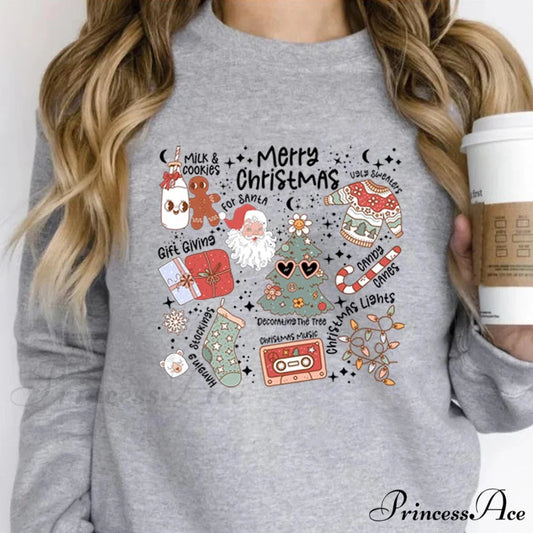 Retro Cheerful Aesthetic Santa Warm Hoodie GRAY / S