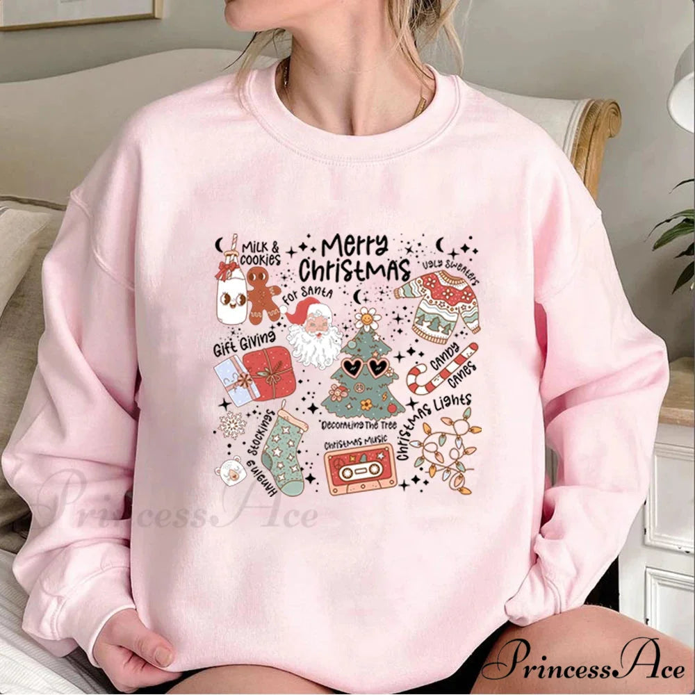 Retro Cheerful Aesthetic Santa Warm Hoodie Pink / S