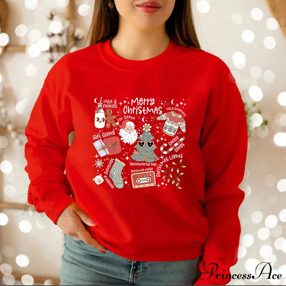 Retro Cheerful Aesthetic Santa Warm Hoodie Red / S