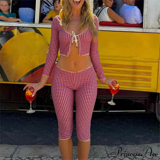 Retro Cottage Trim Fit T-shirt Checkered Tie Front Crop Top Low Waist Pants Two Pieces Set Red / S twopiecesset-250126