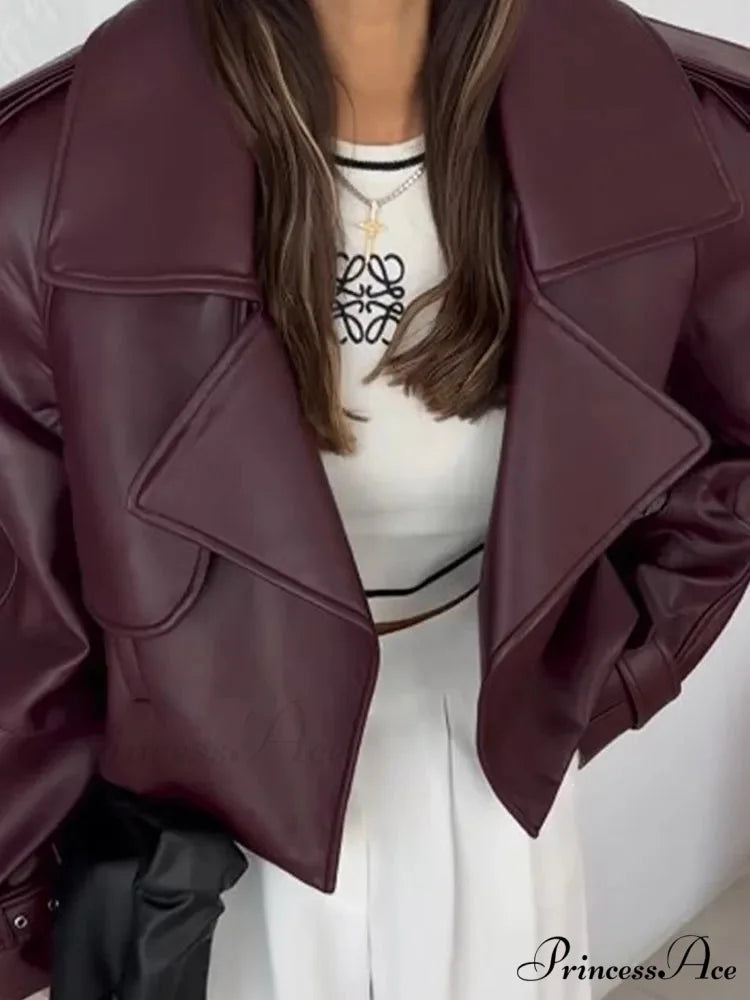 Retro Crimson Faux Leather Brief Jacket coats-241228