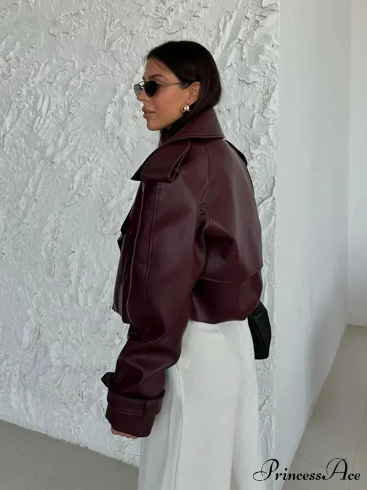 Retro Crimson Faux Leather Brief Jacket coats-241228