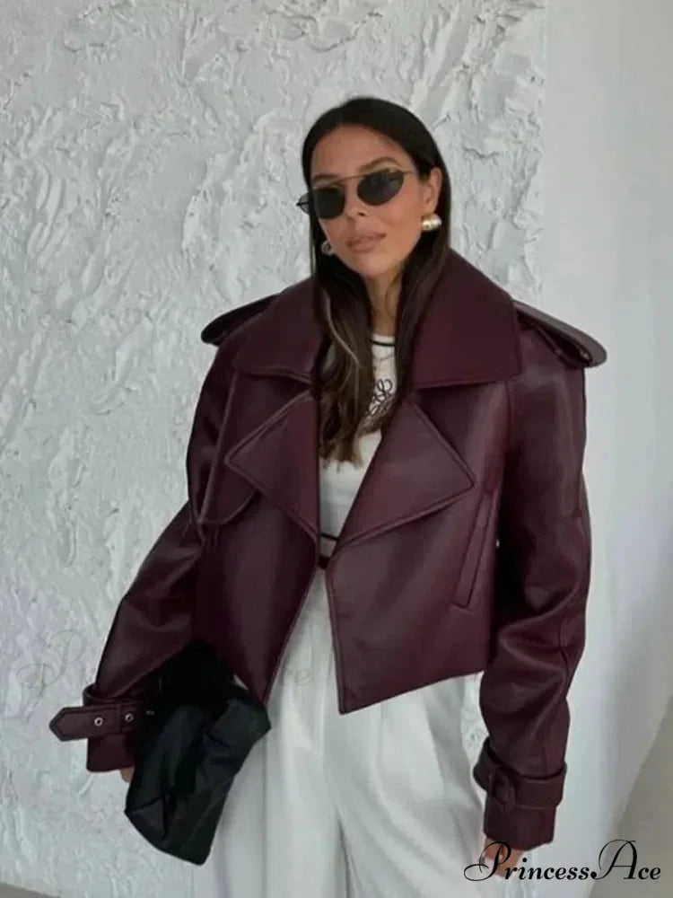 Retro Crimson Faux Leather Brief Jacket Dark red / S coats-241228