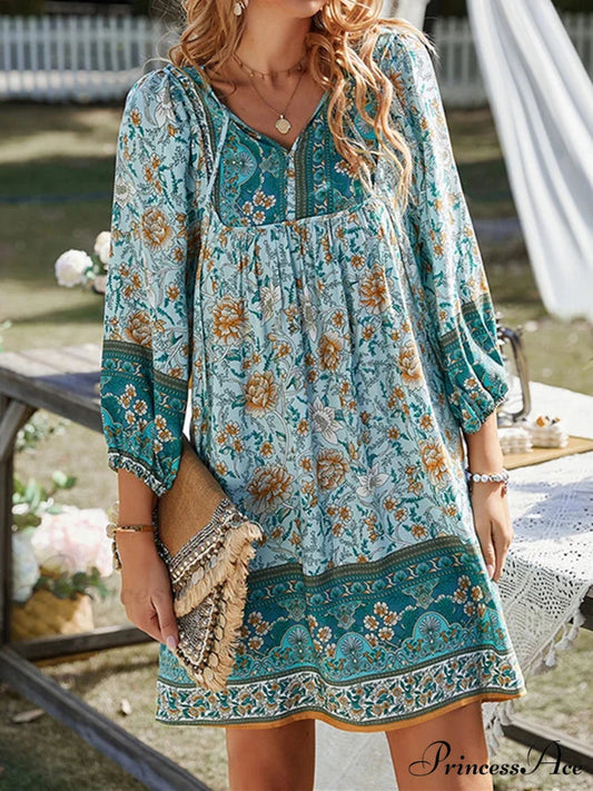 Retro Flower Pattern Bohemian Flare Dress Blue / S bohodress-250126