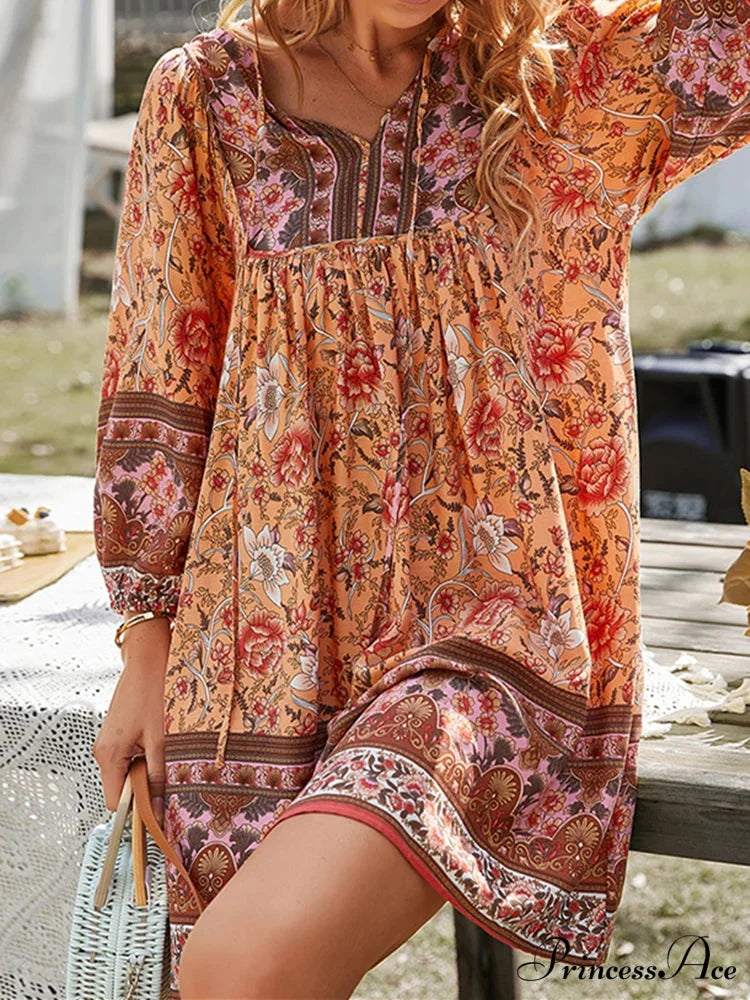 Retro Flower Pattern Bohemian Flare Dress bohodress-250126