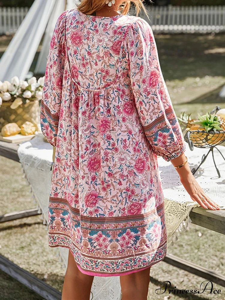 Retro Flower Pattern Bohemian Flare Dress bohodress-250126