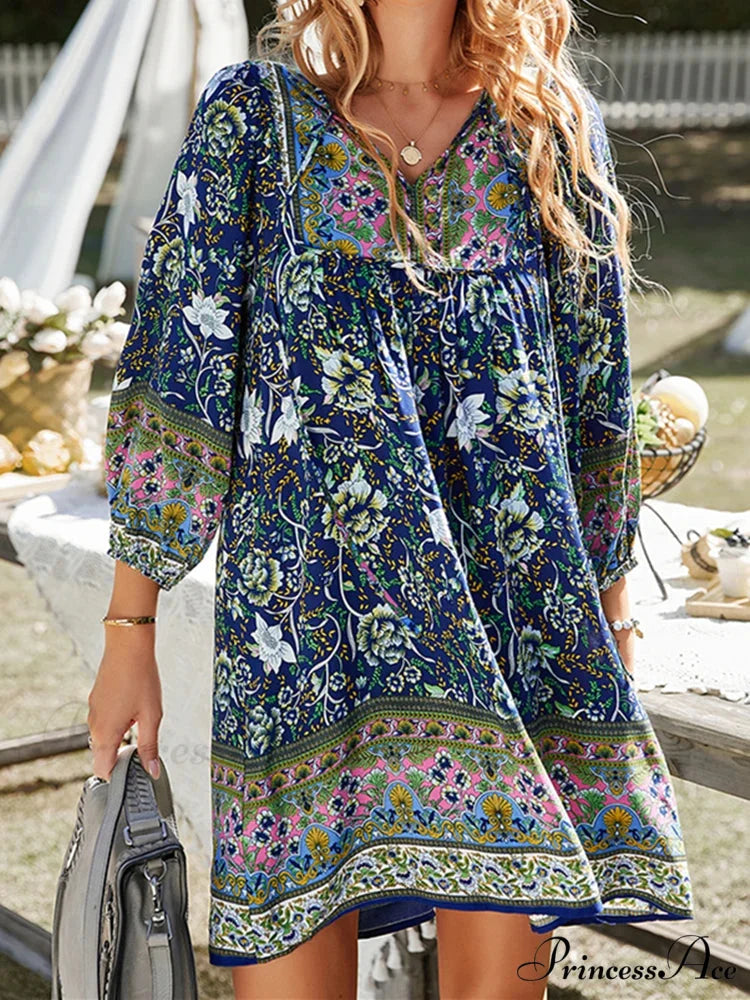 Retro Flower Pattern Bohemian Flare Dress Navy Blue / S bohodress-250126