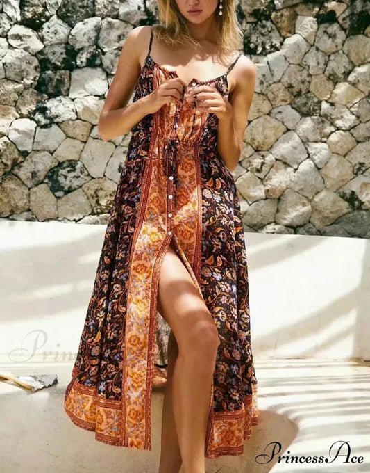 Retro Flower Pattern Bohemian Midi Dress Brown / S bohodress-250126