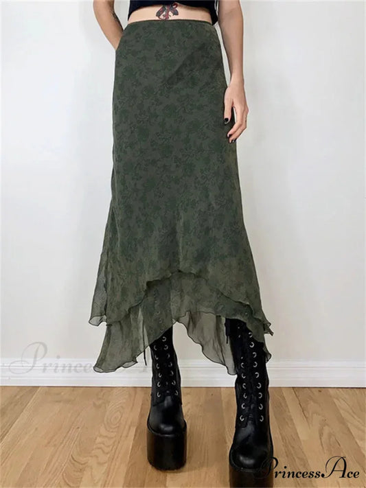 Retro Flowered Midi Skirt Elevated Waist Net Uneven Green / S skirt-250126