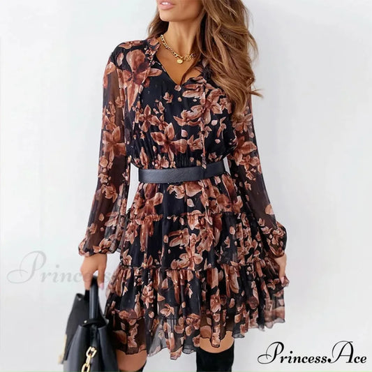Retro Flowery Cinch-up Plunging Neckline Elevated Waist Frilled Flowery Dress floraldress-250126