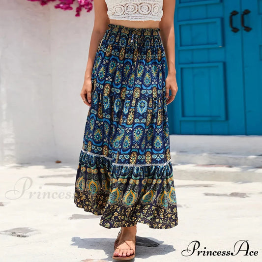 Retro Flowery Peacock Skirt Tall Stretchy Beach Bohemian A-line Navy blue / S skirt-250126