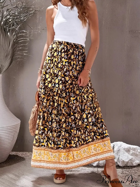 Retro Free-Spirited Women Flowered Printed Stretchy Seaside Bohemian Pleated Skirt Black / S skirt-250126