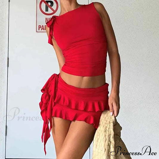 Retro Frilled Edge Tie Up Crop Top + Gathered Tiered Frills Mini Skirt Coquette 2 Piece Set Women Club Party Streetwear