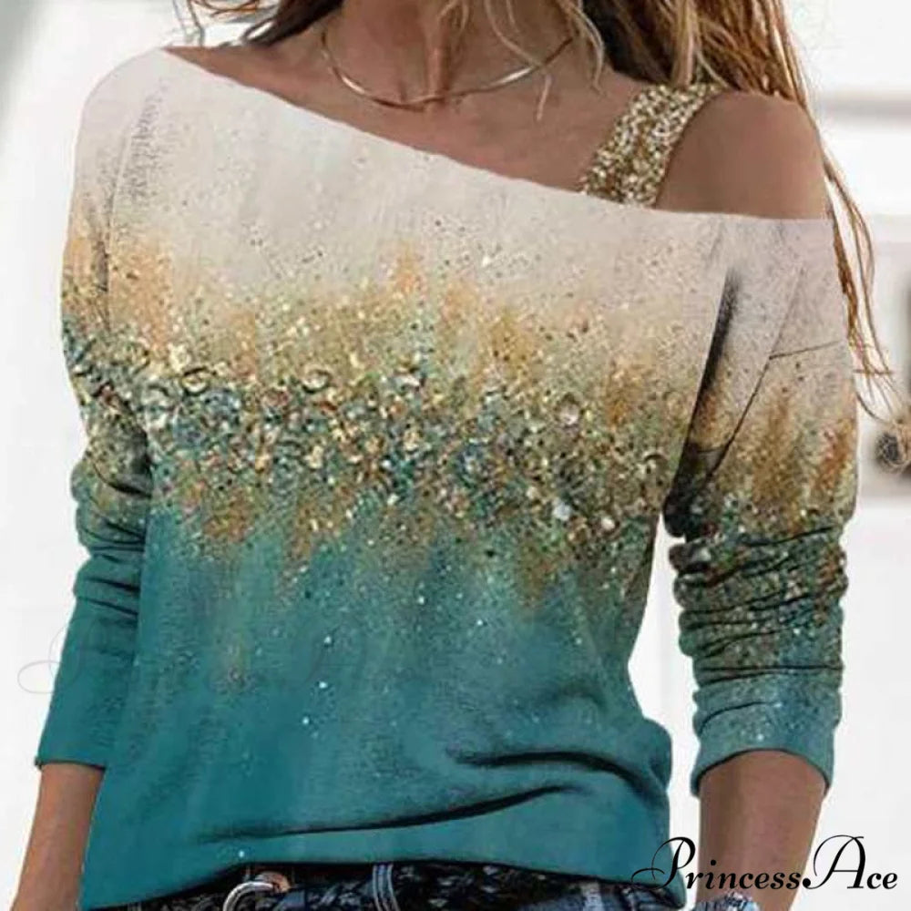 Retro Glitter Gold Contrast Casual Long Sleeve Straps Pullover