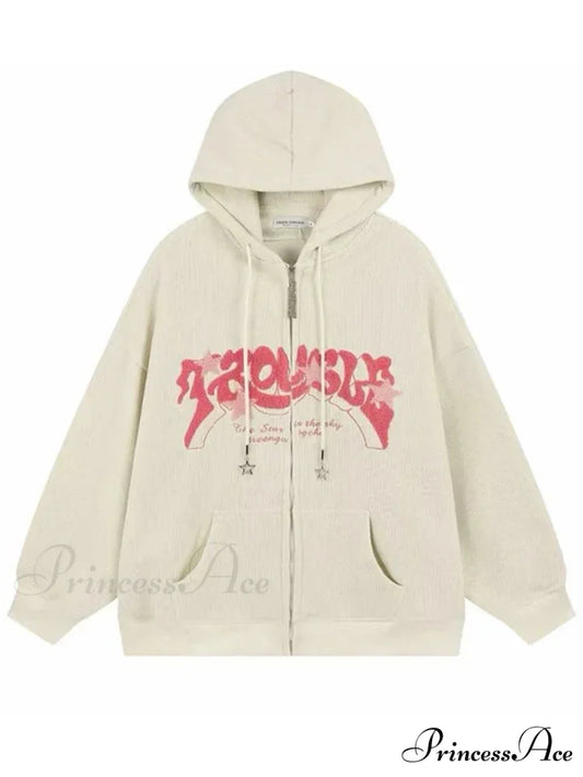 Retro Goth Corduroy Zip Up Hooded Jacket Beige / M(40-50KG) hoodies-241228