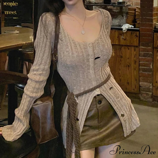 Retro Knitted Spring Long Sleeve Button Closure Slim Knit Top Khaki / One Size knittop-250126