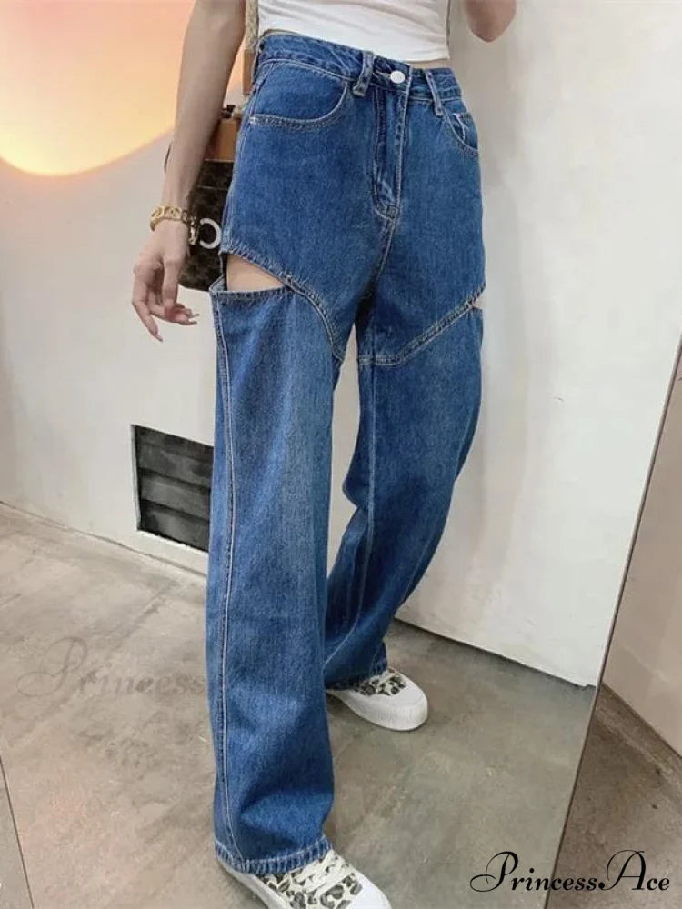 Retro Loose High Waist Blue Jeans blue long / S