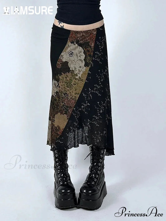 Retro Patchwork Floral Mesh Skirt Vacation Informal MULTI / S skirt-250126