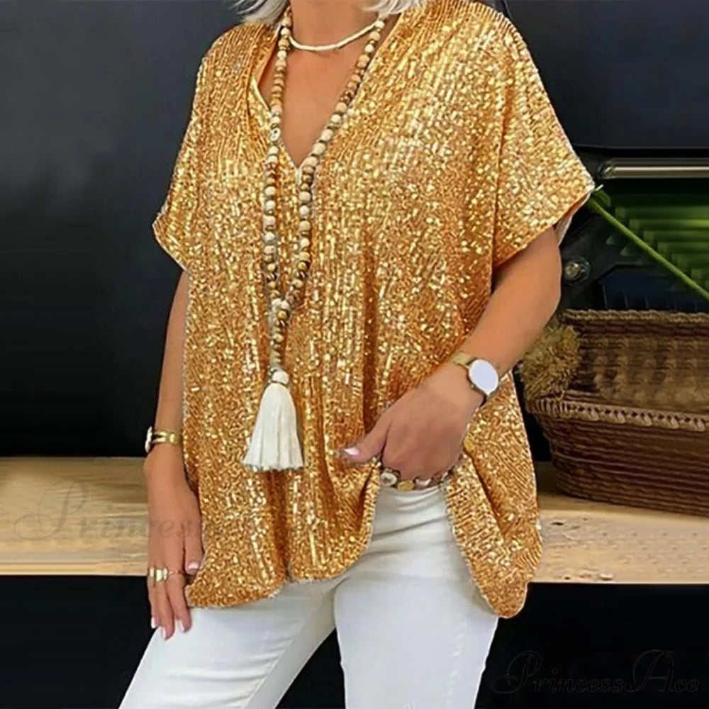 Retro Printed 3D Cutting Loose Shiny Sequins Blouse