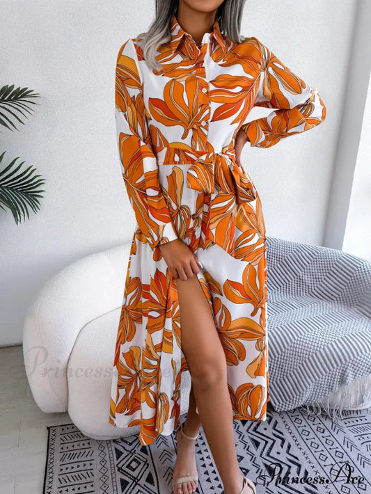 Retro Printed Blouse Long Flowered Gown Orange / S oldfloraldress-250126