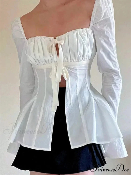 Retro Puff Sleeve Bind Square Neck Blouse WHITE / S blouse-250126