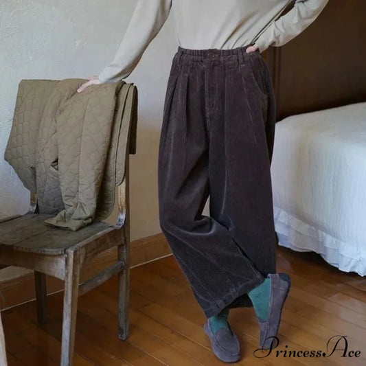 Retro Ribbed Loose-Fitting Trousers Cold Season pants-241228