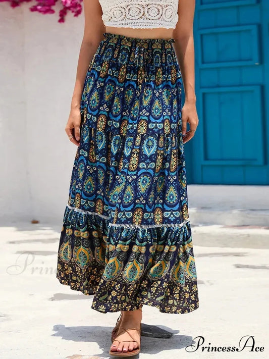 Retro Seaside Bohemian Flower Pattern Stretchy Waist A-Line Skirt Blue / S skirt-250126